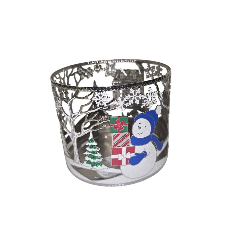 Bath & Body Works Silver Snowman Candle Holder with Blue and Green Accents